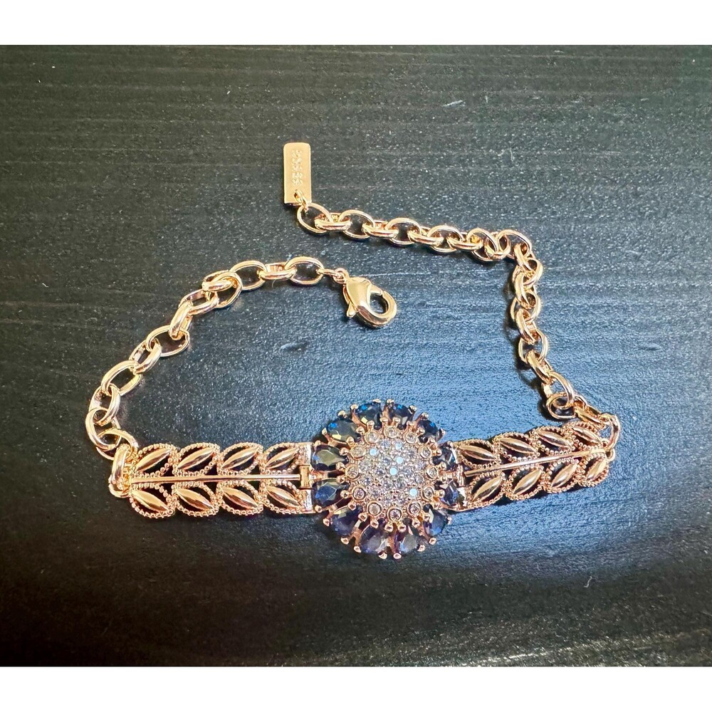 585 14K RG Rolled Gold Stamped Floral Blue Zircon Leaf Adjustable Bracelet